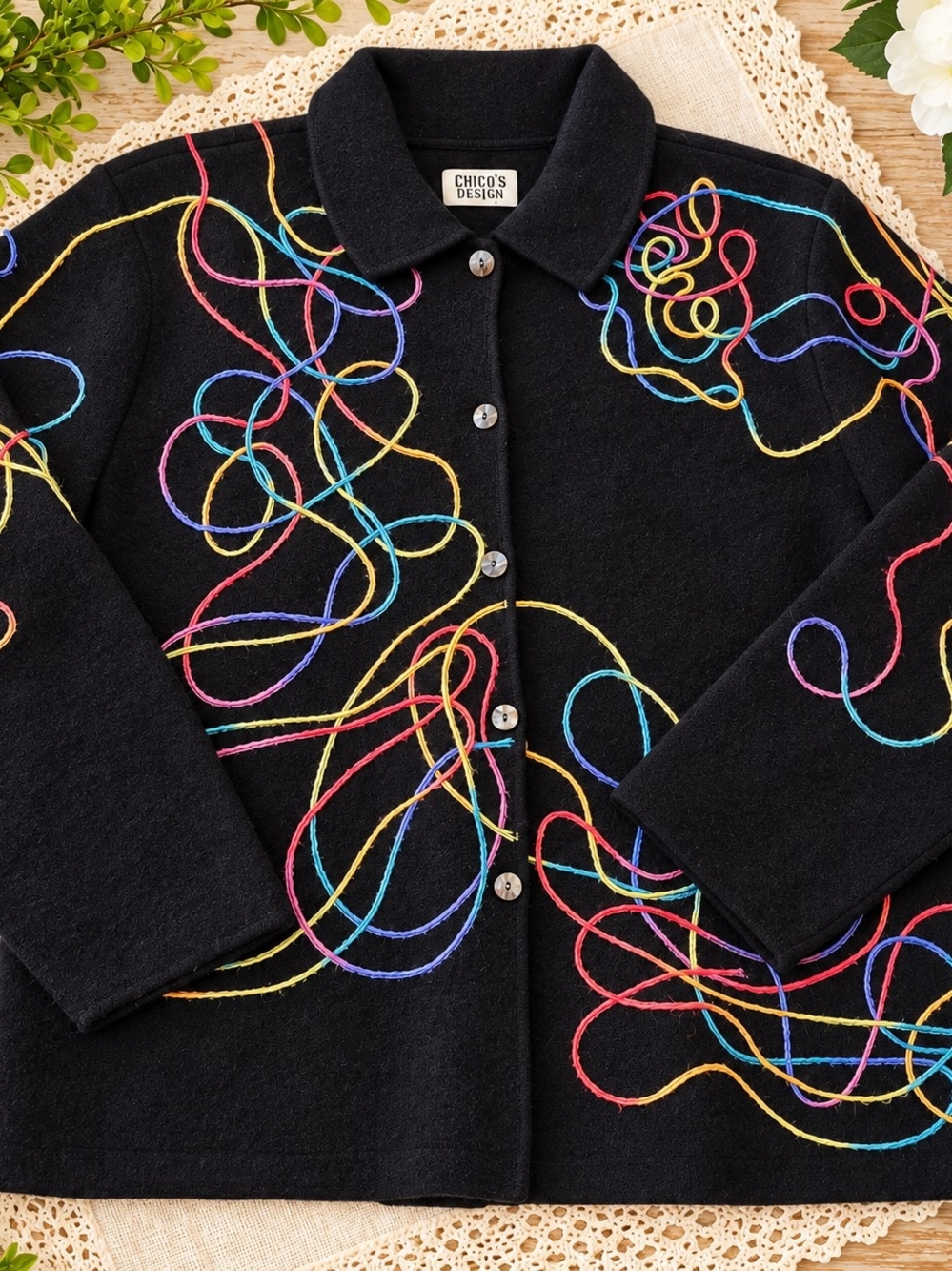 Chico's Black Sweater Jacket with Multicolor Embroidered Swirls  Large Vintage